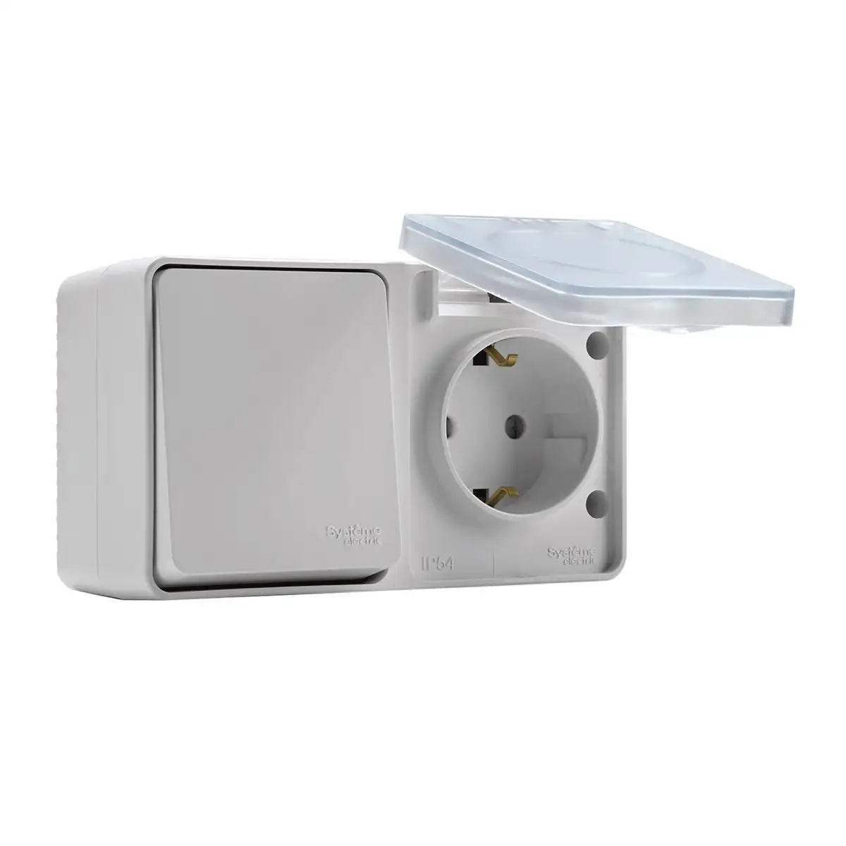 ATLASDESIGN PROFI IP54 О/У БЛОК: РОЗЕТКА с заземл. со шт., 16А, ВЫКЛЮЧАТЕЛЬ 1-клав., 10АХ, БЕЛЫЙ - фото, цена в Минске