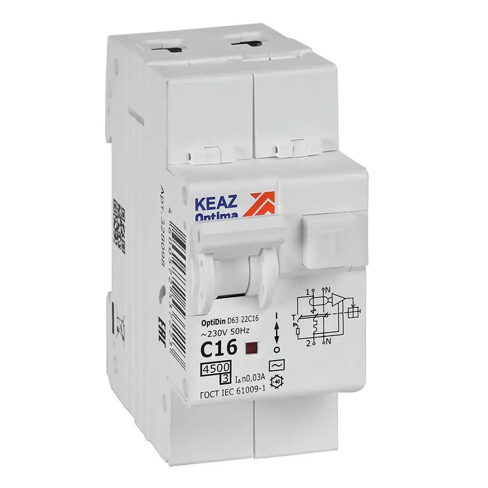 АВДТ с защитой от сверхтоков OptiDin D63-22C16-AC-У3 (2P, C16, 30mA, 4,5кА)