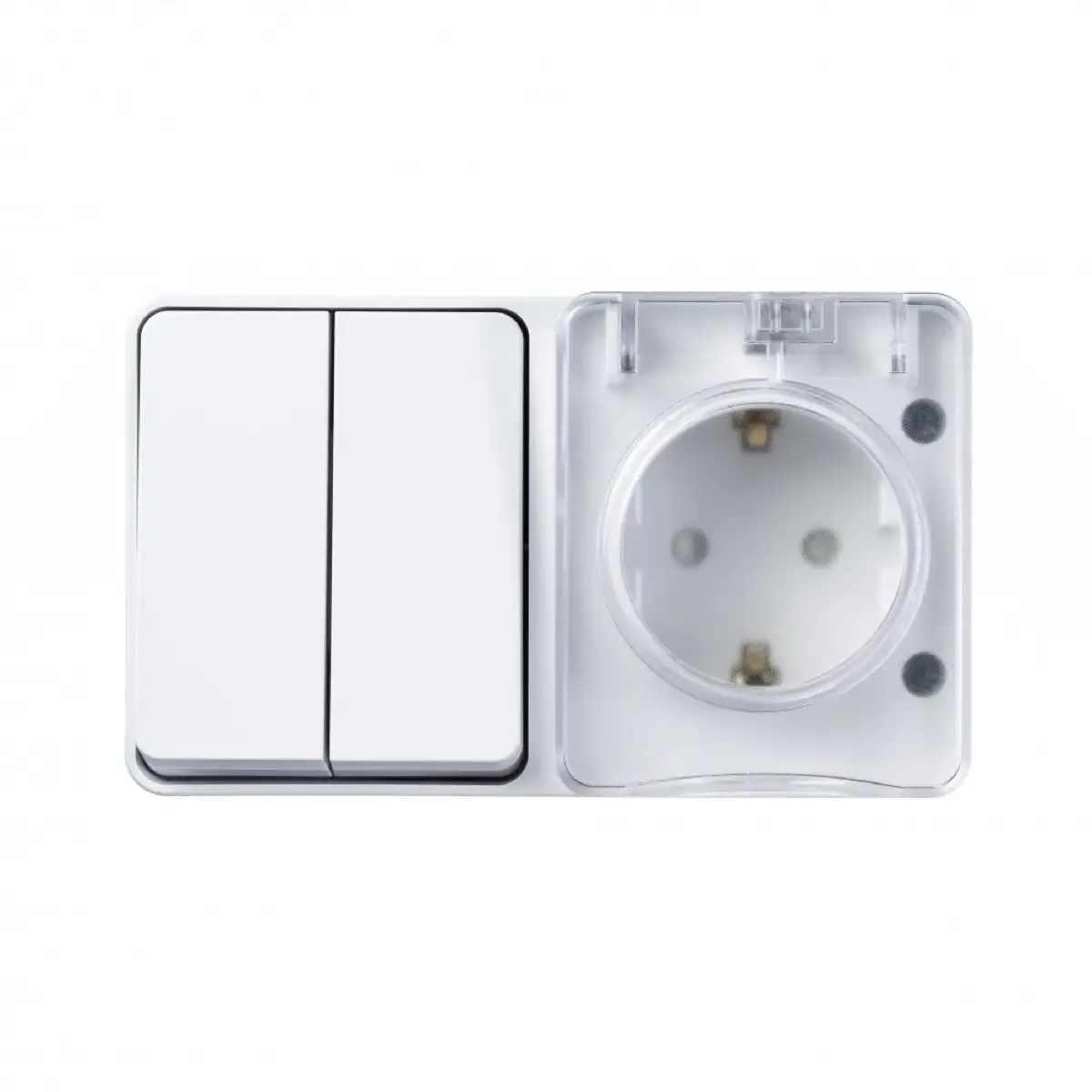 ATLASDESIGN PROFI IP54 О/У БЛОК: РОЗЕТКА с заземл. со шт., 16А, ВЫКЛЮЧАТЕЛЬ 2-клав., 10АХ, БЕЛЫЙ - фото, цена в Минске