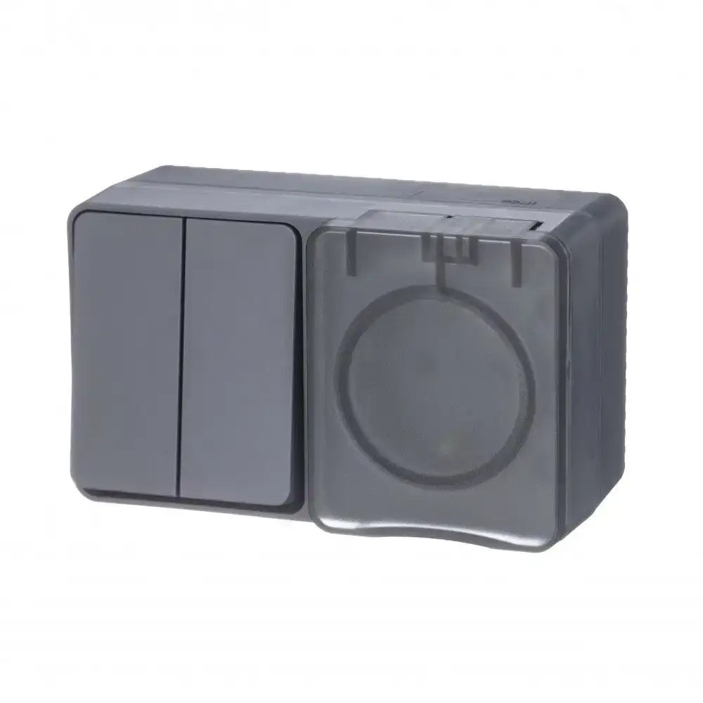 ATLASDESIGN PROFI IP54 О/У БЛОК: РОЗЕТКА с заземл. со шт., 16А, ВЫКЛЮЧАТЕЛЬ 2-клав., 10АХ, АНТРАЦИТ - фото, цена в Минске