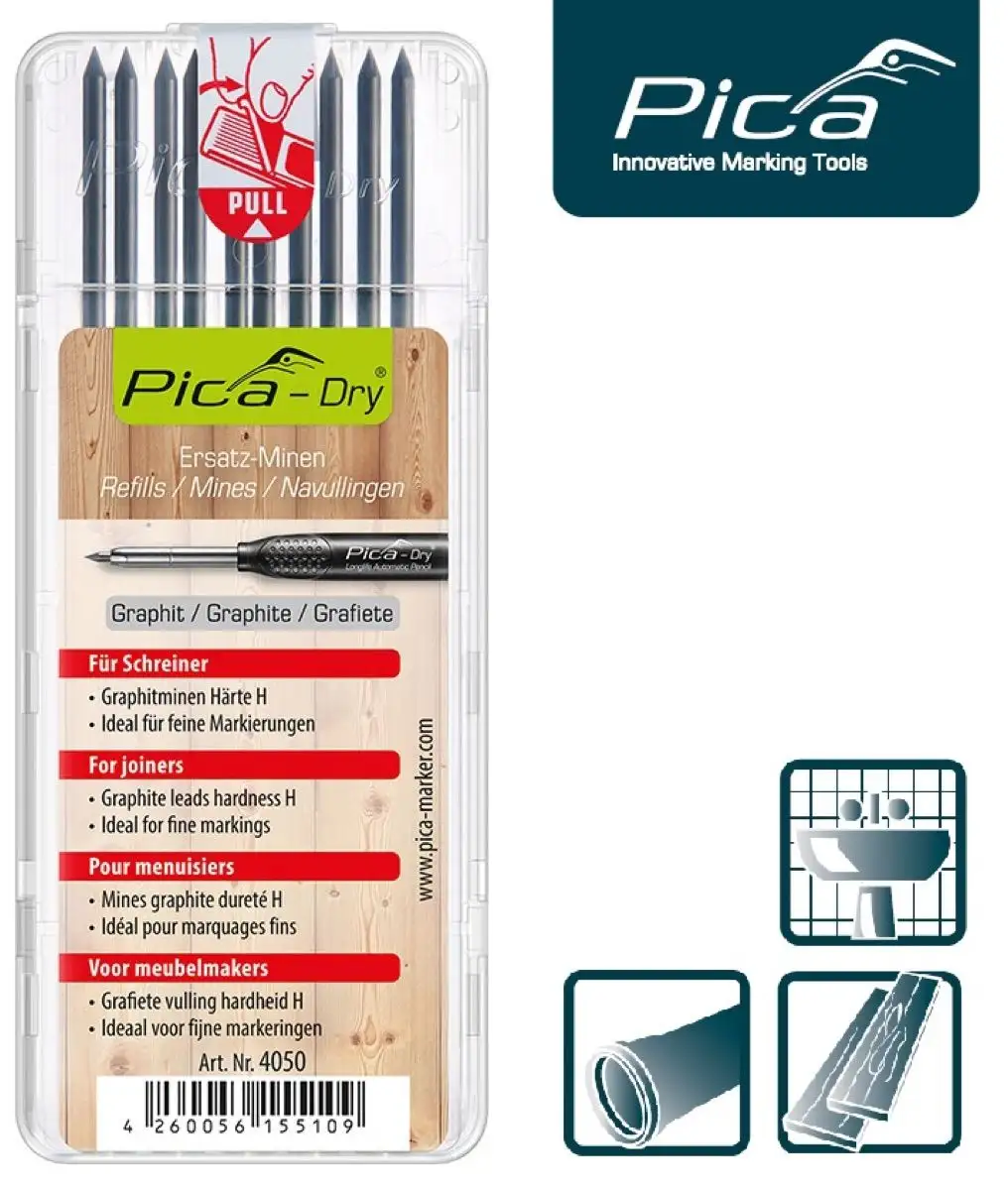 Набор грифелей-стержней для строительного карандаша Pica DRY (серые, твердость H), 10 шт