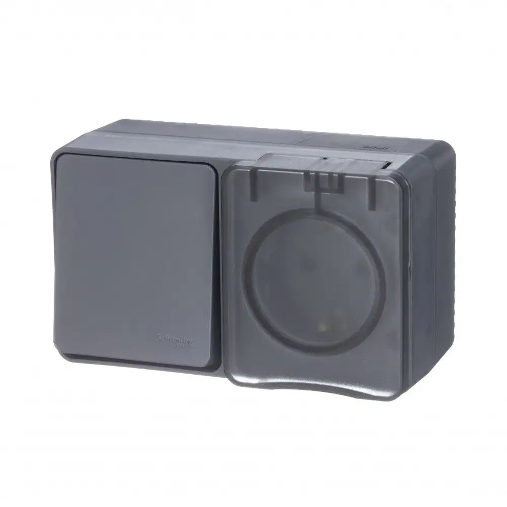 ATLASDESIGN PROFI IP54 О/У БЛОК: РОЗЕТКА с заземл. со шт., 16А, ВЫКЛЮЧАТЕЛЬ 1-клав., 10АХ, АНТРАЦИТ - фото, цена в Минске