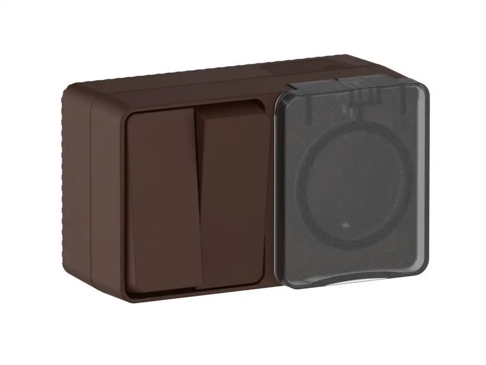 ATN546074 AtlasDesign PROFI IP54 О/У БЛОК: РОЗ. з/к со шт. 16А, ВЫКЛ.2-клав.10А, КОРИЧНЕВЫЙ - фото, цена в Минске