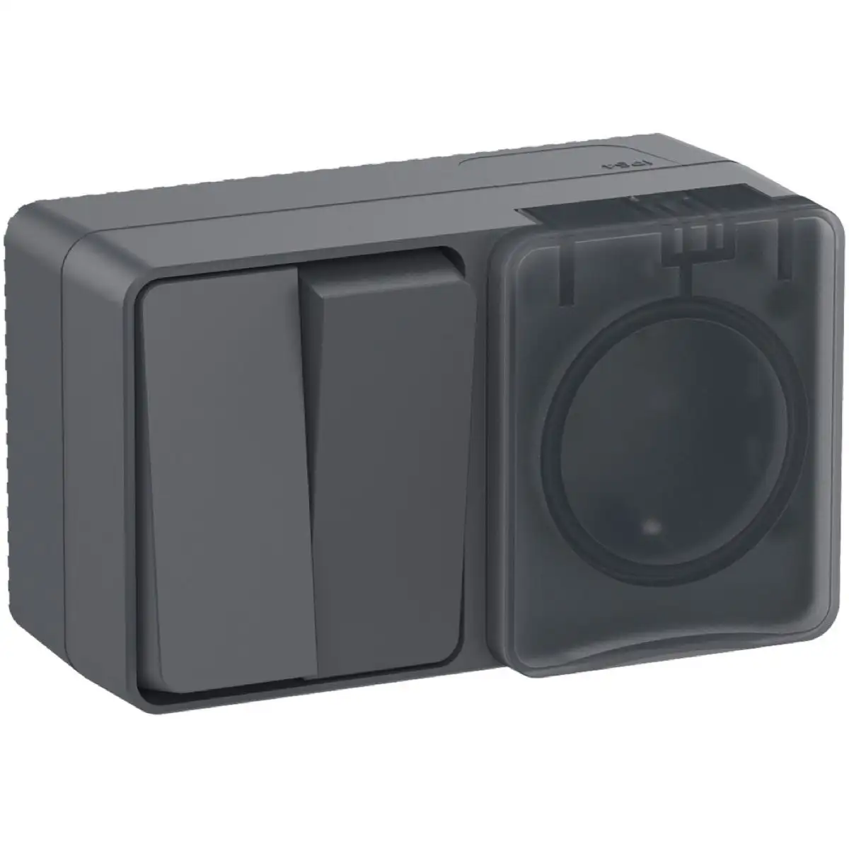 ATLASDESIGN PROFI IP54 О/У БЛОК: РОЗЕТКА с заземл. со шт., 16А, ВЫКЛЮЧАТЕЛЬ 2-клав., 10АХ, АНТРАЦИТ - фото, цена в Минске