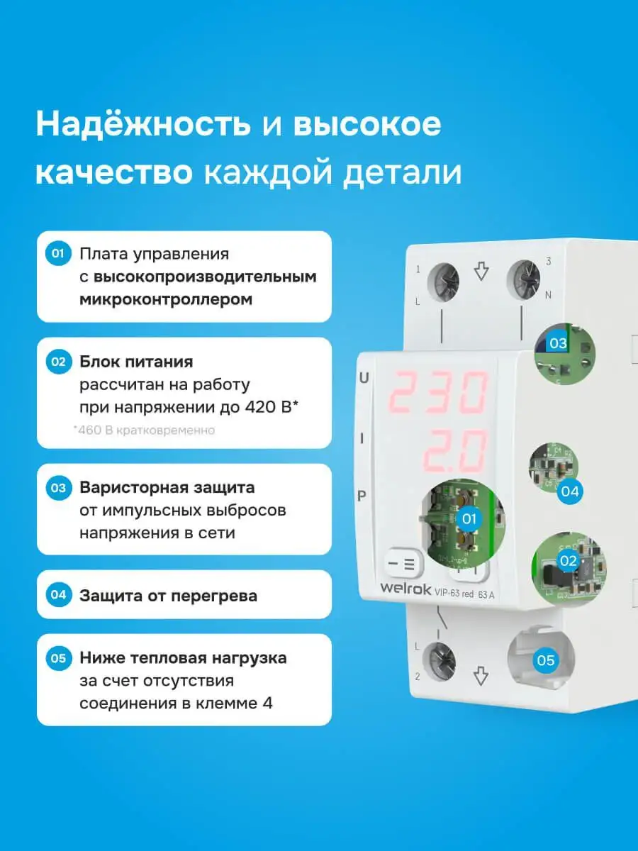 Многофункцианальное реле для однофазной сети Welrok VIР-63 red