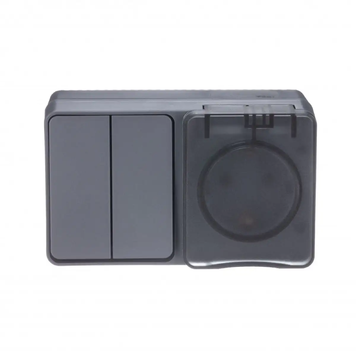 ATLASDESIGN PROFI IP54 О/У БЛОК: РОЗЕТКА с заземл. со шт., 16А, ВЫКЛЮЧАТЕЛЬ 2-клав., 10АХ, АНТРАЦИТ - фото, цена в Минске