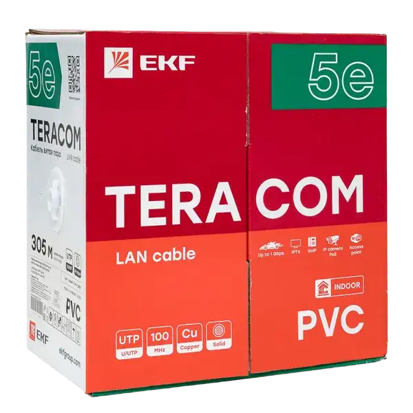 TRC-5EUTP-04PVC-GY-IN3, Кабель витая пара TERACOM Cat.5E U/UTP 4 пары solid оболочка PVC цвет серый