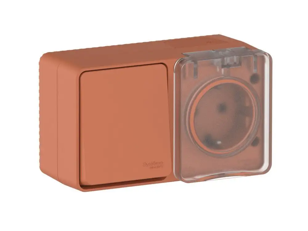 ATN547070 AtlasDesign PROFI IP54 О/У БЛОК: РОЗ. з/к со шт. 16А, ВЫКЛ.1-клав.10А, ТЕРРАКОТОВЫЙ - фото, цена в Минске