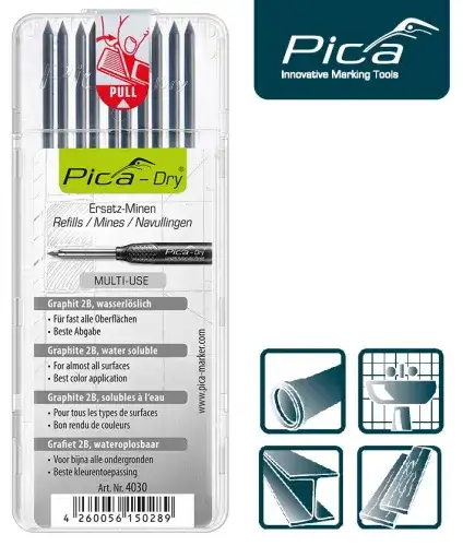 Набор грифелей-стержней для строительного карандаша Pica DRY (серые)