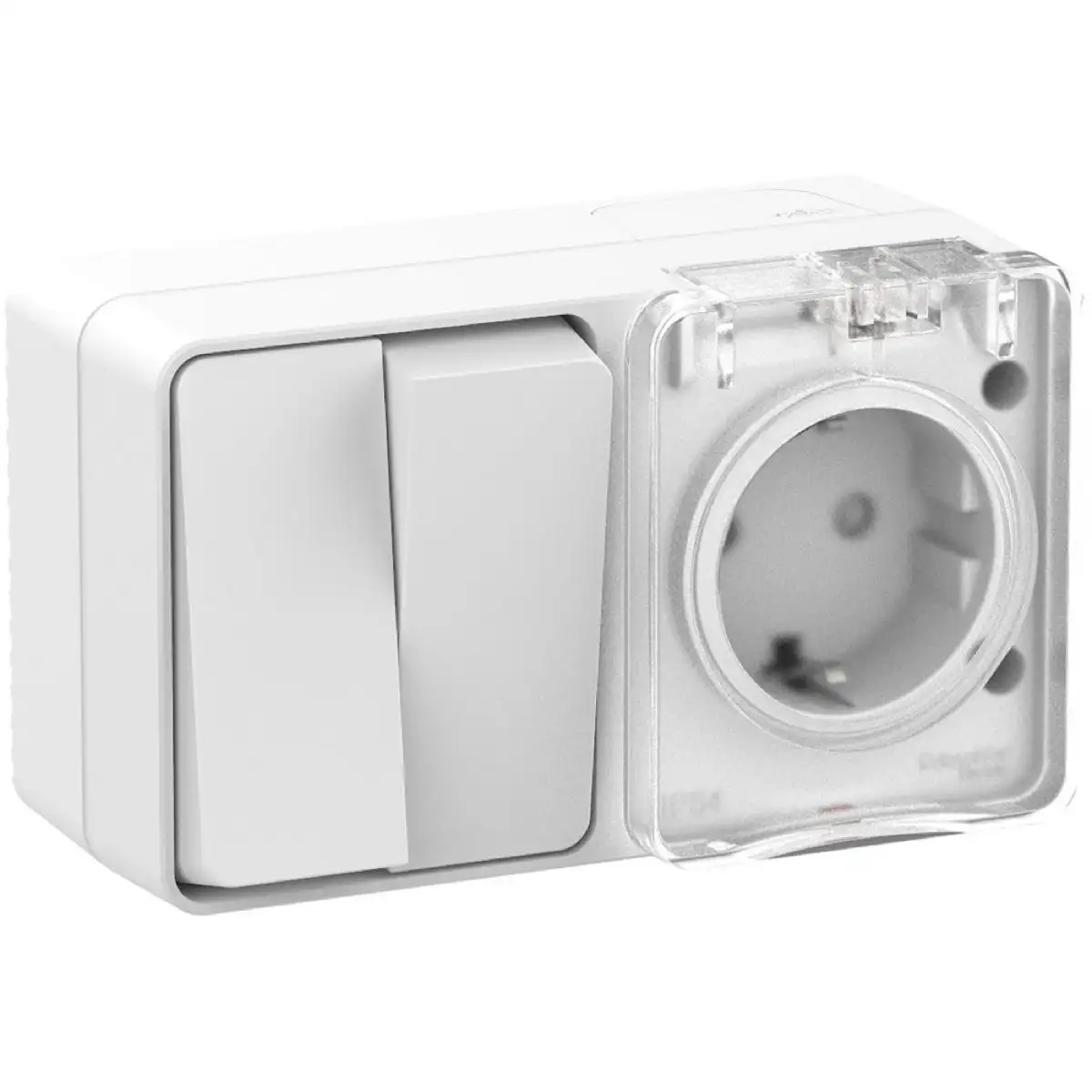 ATLASDESIGN PROFI IP54 О/У БЛОК: РОЗЕТКА с заземл. со шт., 16А, ВЫКЛЮЧАТЕЛЬ 2-клав., 10АХ, БЕЛЫЙ - фото, цена в Минске