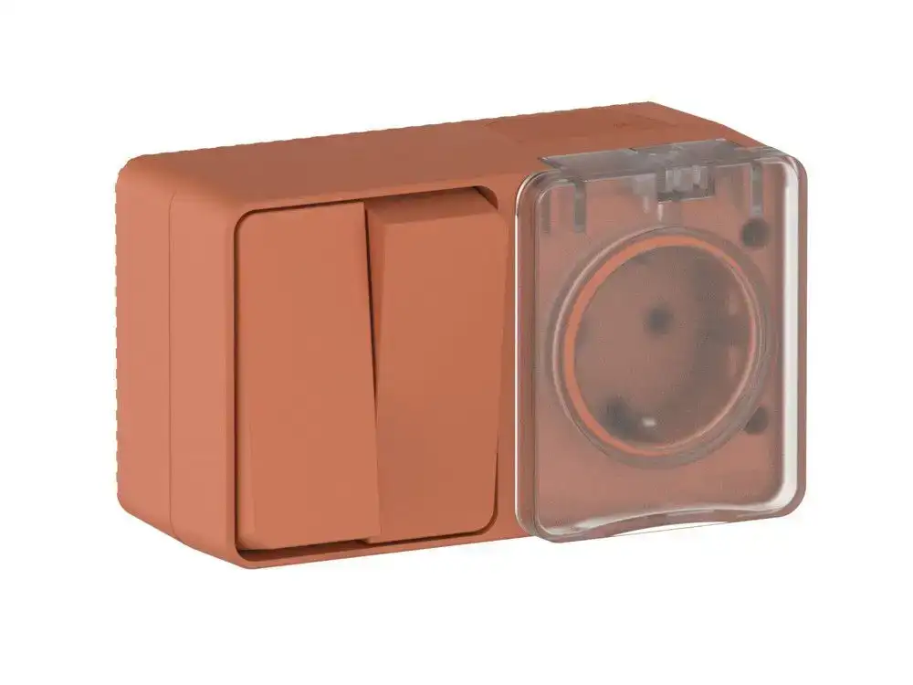 ATN547074 AtlasDesign PROFI IP54 О/У БЛОК: РОЗ. з/к со шт. 16А, ВЫКЛ.2-клав.10А, ТЕРРАКОТОВЫЙ - фото, цена в Минске