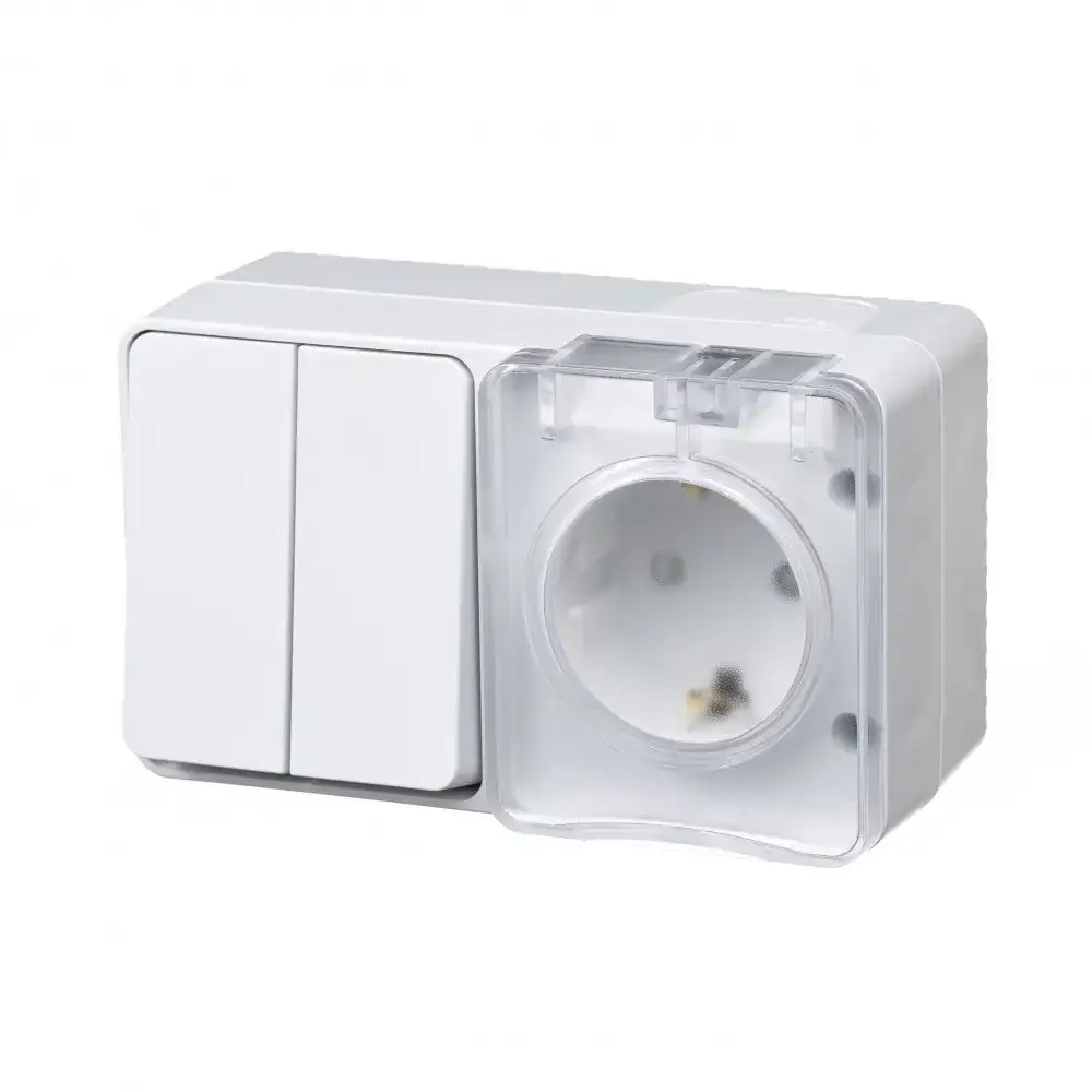 ATLASDESIGN PROFI IP54 О/У БЛОК: РОЗЕТКА с заземл. со шт., 16А, ВЫКЛЮЧАТЕЛЬ 2-клав., 10АХ, БЕЛЫЙ - фото, цена в Минске