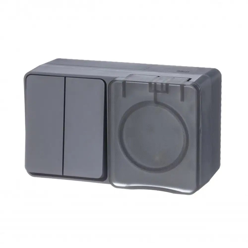 ATLASDESIGN PROFI IP54 О/У БЛОК: РОЗЕТКА с заземл. со шт., 16А, ВЫКЛЮЧАТЕЛЬ 2-клав., 10АХ, АНТРАЦИТ - фото, цена в Минске