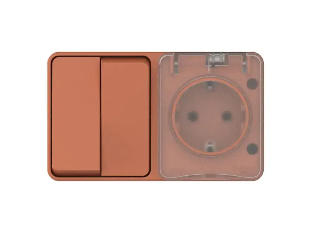 ATN547074 AtlasDesign PROFI IP54 О/У БЛОК: РОЗ. з/к со шт. 16А, ВЫКЛ.2-клав.10А, ТЕРРАКОТОВЫЙ - фото, цена в Минске