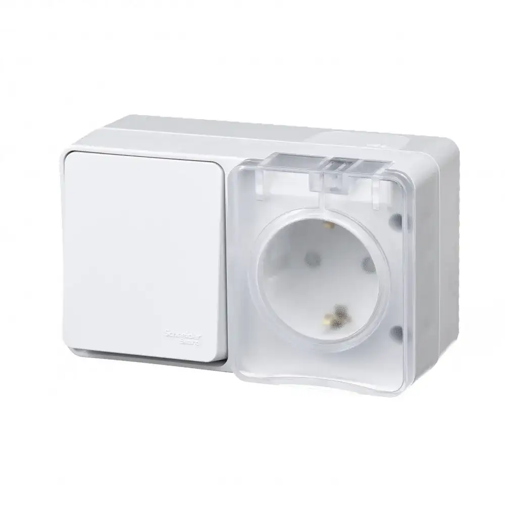 ATLASDESIGN PROFI IP54 О/У БЛОК: РОЗЕТКА с заземл. со шт., 16А, ВЫКЛЮЧАТЕЛЬ 1-клав., 10АХ, БЕЛЫЙ - фото, цена в Минске
