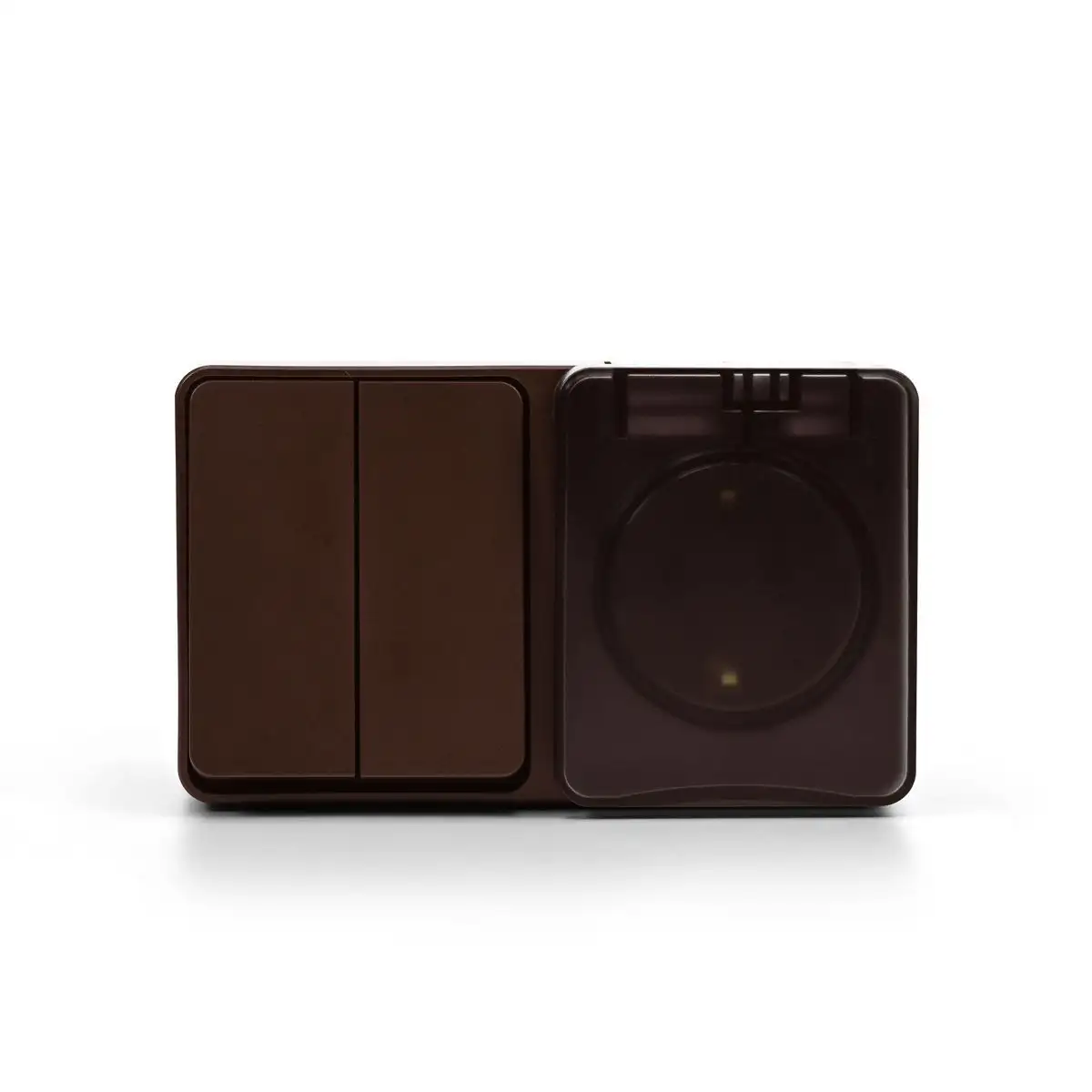 ATN546074 AtlasDesign PROFI IP54 О/У БЛОК: РОЗ. з/к со шт. 16А, ВЫКЛ.2-клав.10А, КОРИЧНЕВЫЙ - фото, цена в Минске